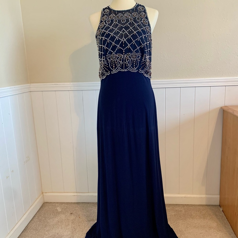Cachet long formal prom silver beaded blue dress. High-neck sleeveless. REGAL!